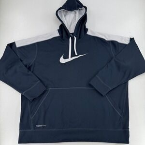 Nike Therma Fit Pullover Hoodie MENS Navy Blue White Gym Training SIZE XL